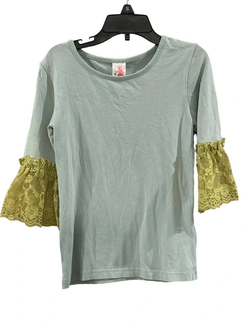 Girls Matilda Jane  Sage Green Top with Olive Lace Bell Sleeves size 6